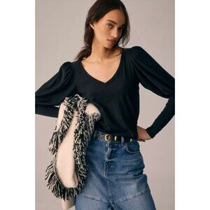 NATION LTD Emilia Black Slub Cotton Jersey V-Neck Puff Sleeve T-Shirt, Size S